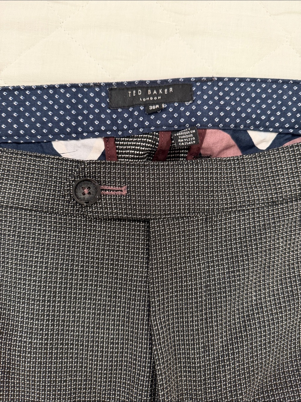Ted Baker Charcoal Micro-Check Dress Trousers with Navy Waistband Accent